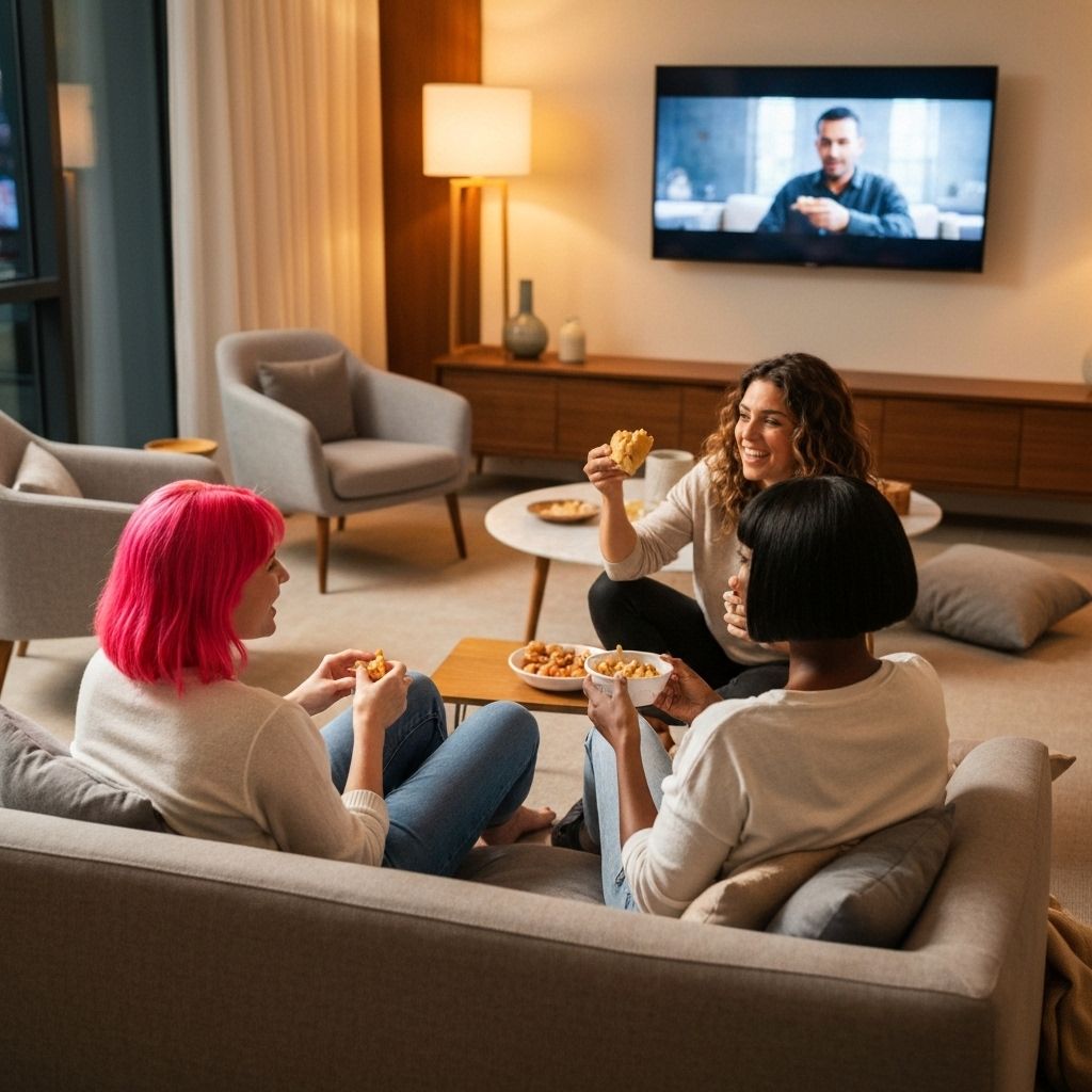 Ladies watching movies together in Garden Stay PG lounge area near Shanti Nagar